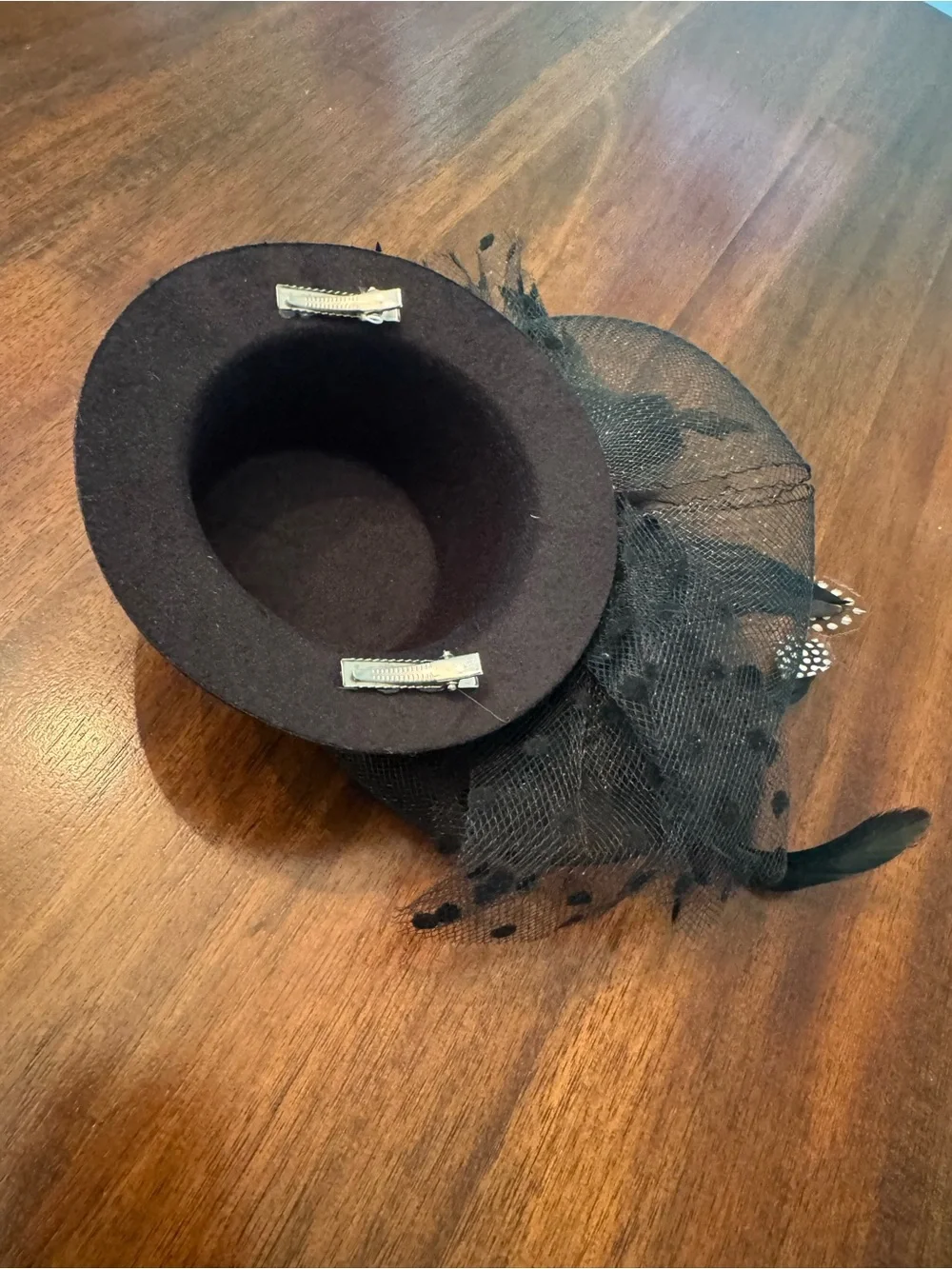 Gothic Black Mini Top Hat Fascinator Iridescent Feathers Veil